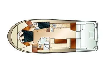 Slide: The Image of 2007 Luhrs 36 Convertible yacht interior layout with cabins, kitchen, and seating area. - 25