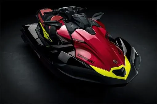 Slide: The Image of 2025 Kawasaki Jetski Ultra 310X in red and black, sleek design, front view. - 9
