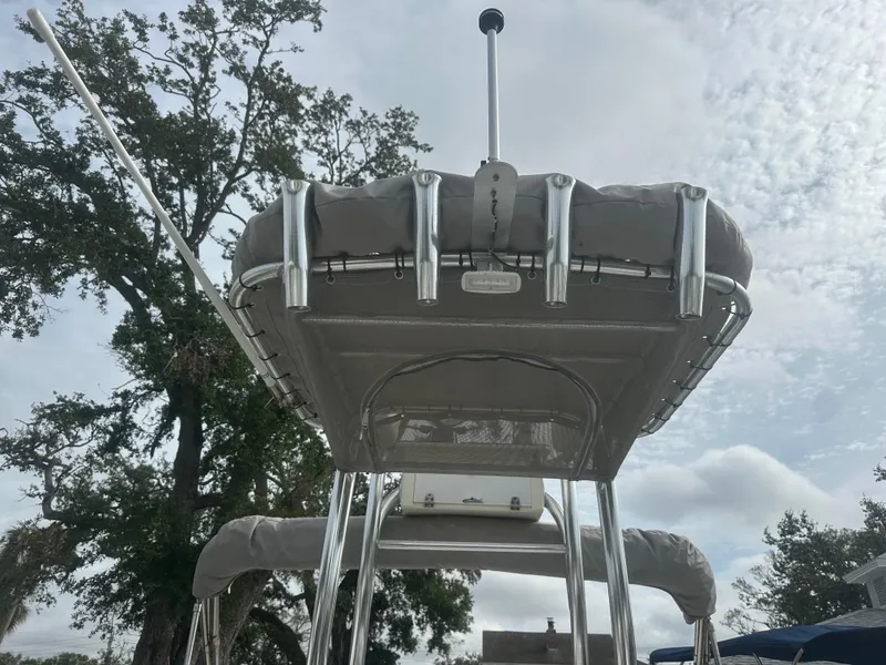 Slide: The Image of 2008 Dorado 23 Classic boat with T-top and rod holders, viewed from below. - 20