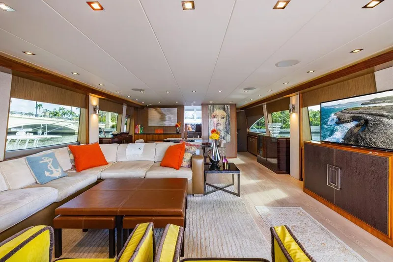 Slide: The Image of Luxurious interior of 2013 Hatteras 80 Motor Yacht with modern decor and spacious seating. - 30