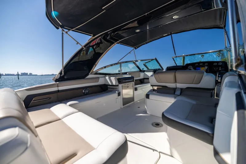 Slide: The Image of 2017 Formula 330 Crossover Bowrider interior with luxurious seating and open water view. - 17
