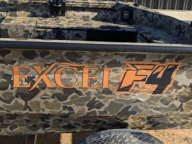 Slide: The Image of Camouflage-patterned Excel 1854 Shallow Water F4 boat, 2025 model, with bold orange branding. - 11
