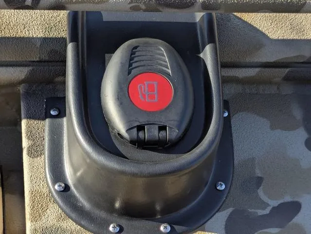 Slide: The Image of 2025 Excel 1854 Shallow Water F4 boat component with camouflage pattern and red logo. - 30