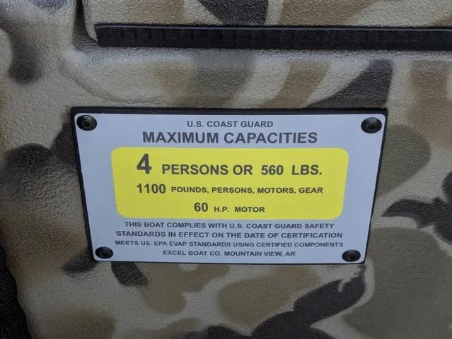 Slide: The Image of Capacity label on Excel 1854 Shallow Water F4 boat, 2025 model, showing weight and passenger limits. - 46