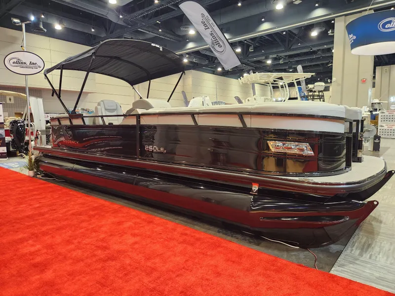 Slide: The Image of 2025 Regency 250 LE3 pontoon boat displayed indoors on red carpet. - 0
