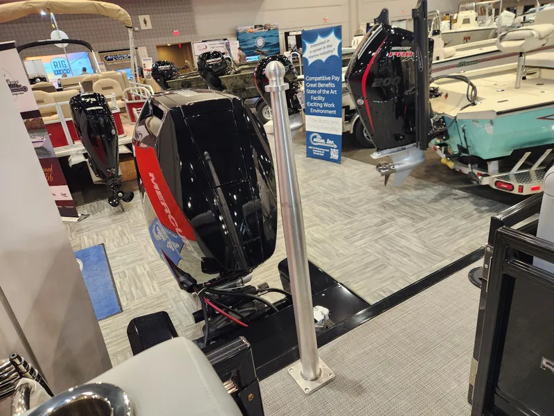 Slide: The Image of 2025 Regency 250 LE3 boat motors displayed at a showroom, featuring modern design and technology. - 4