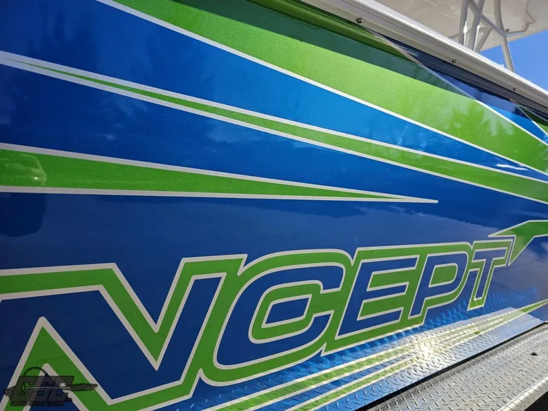 Slide: The Image of Blue and green design on 2014 Concept 36' CC boat exterior. - 16