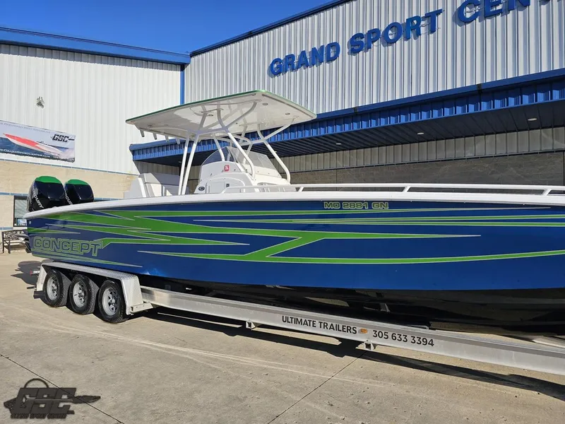Slide: The Image of 2014 Concept 36' CC boat on trailer at Grand Sport Center. - 19