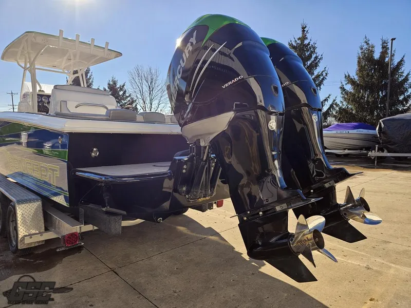Slide: The Image of 2014 Concept 36' CC boat with dual Mercury outboard engines on a trailer. - 42