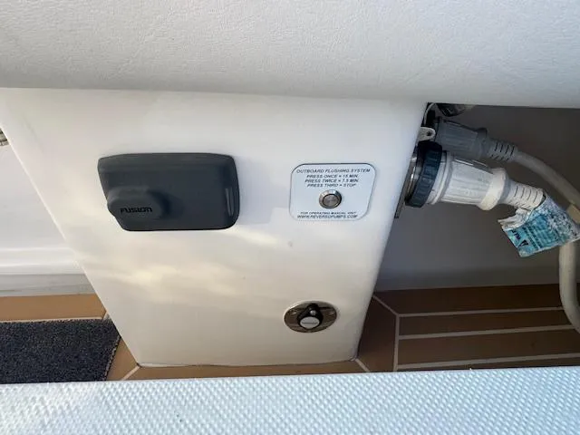 Slide: The Image of 2016 Intrepid 475 Panacea boat detail showing Fusion audio system and plumbing connections. - 30