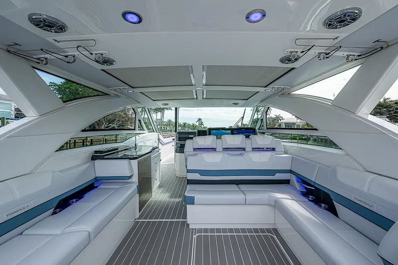 Slide: The Image of Luxurious interior of 2022 Formula 430 All Sport Crossover boat with modern seating. - 29
