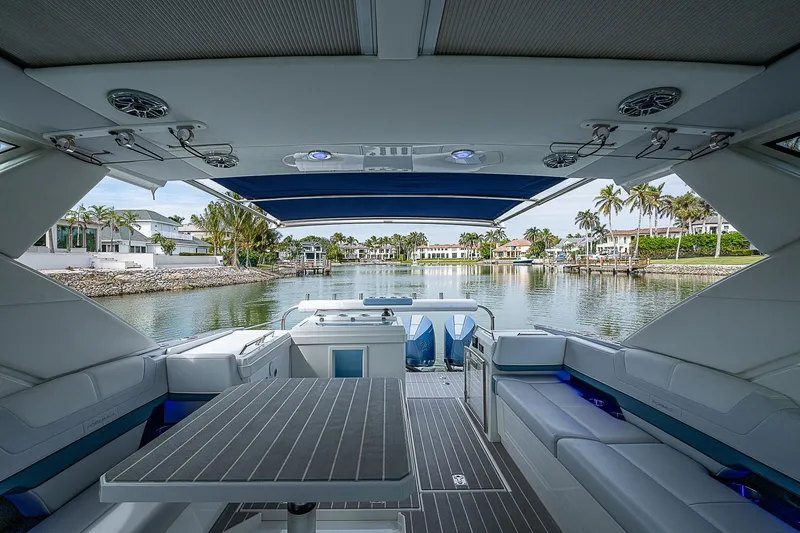 Slide: The Image of 2022 Formula 430 All Sport Crossover boat interior with waterfront view. - 30