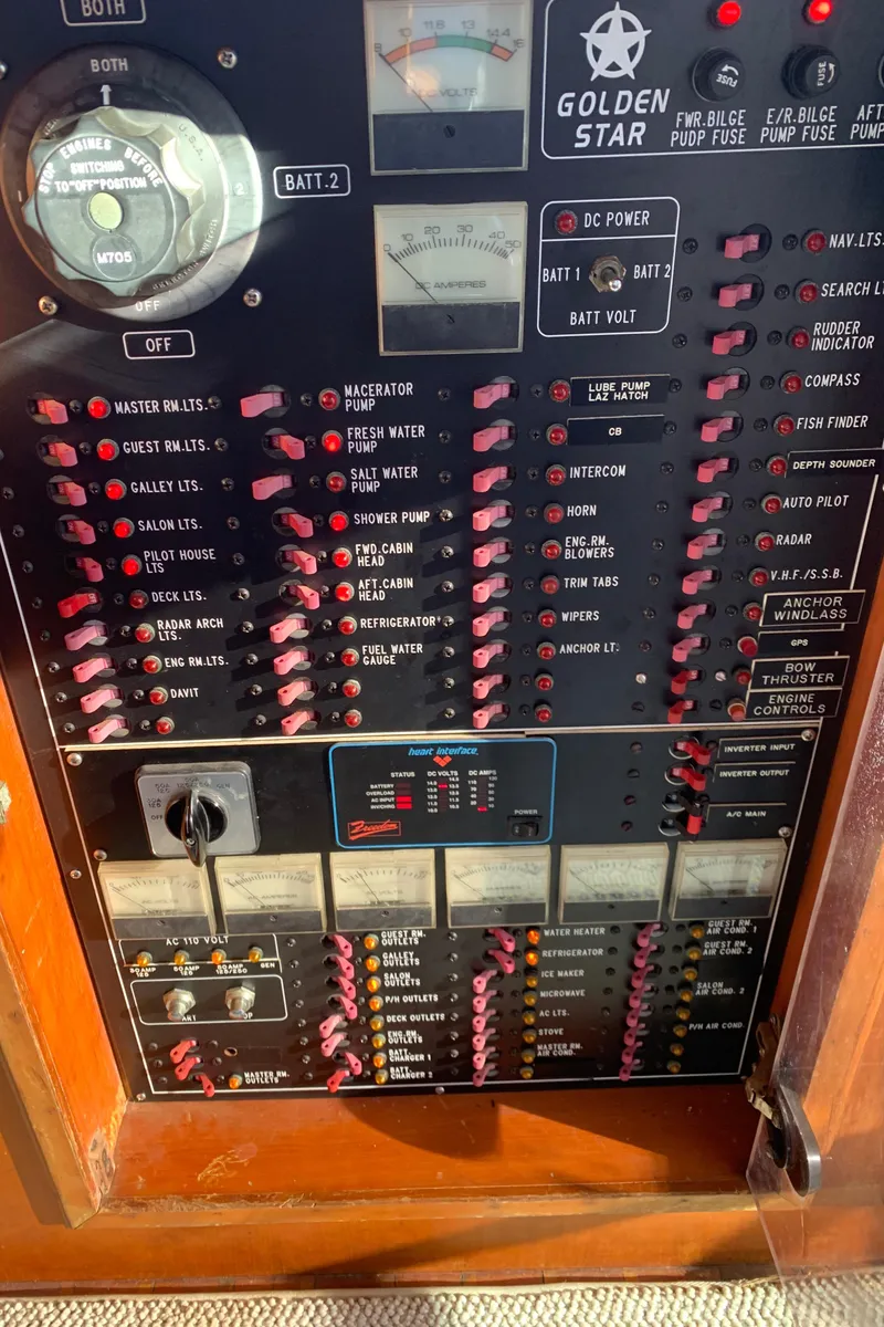 Slide: The Image of Control panel of a 1990 Nova 4500 boat with various switches and indicators. - 25