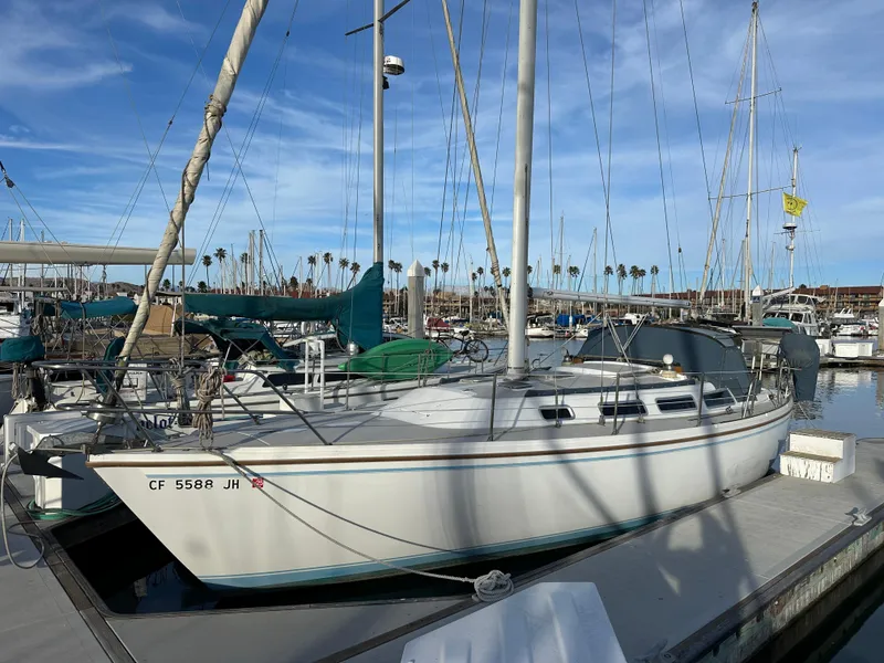 Slide: The Image of 1986 Catalina 36 sailboat docked in a marina under a clear blue sky. - 2