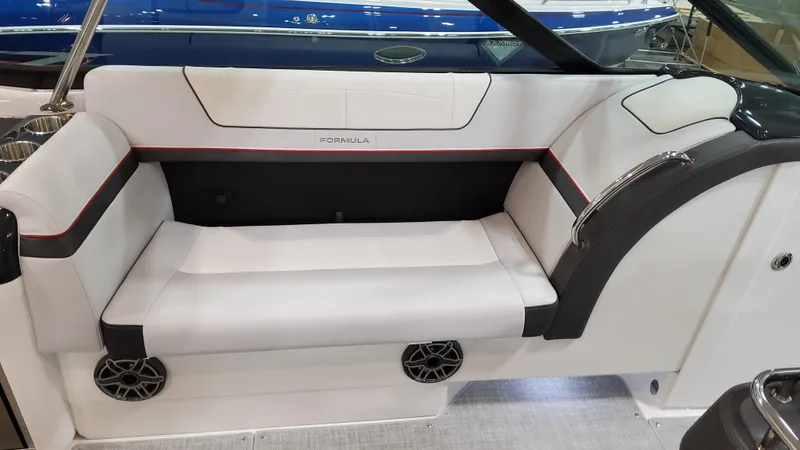 Slide: The Image of 2025 Formula 350 Crossover Bowrider I/O interior seating with sleek design and modern upholstery. - 26