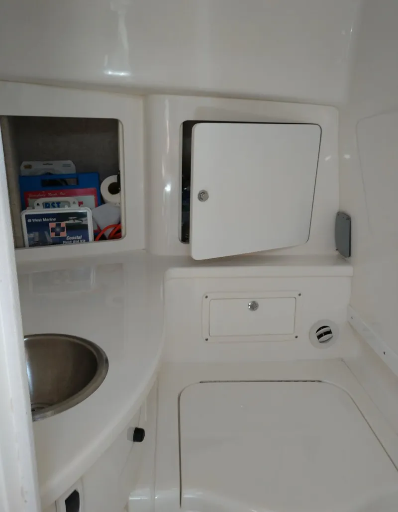 Slide: The Image of 2009 Intrepid 310 WA boat interior with storage compartments and sink. - 15