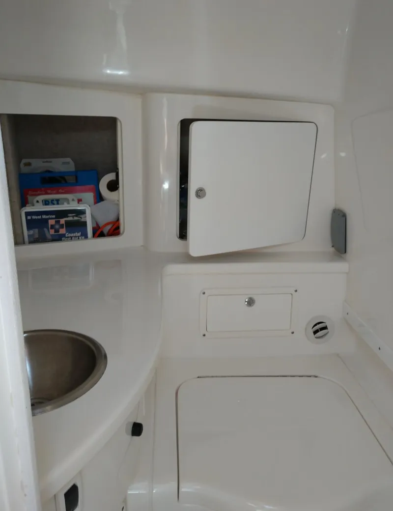 Slide: The Image of 2009 Intrepid 310 WA boat interior with storage compartments and sink. - 16