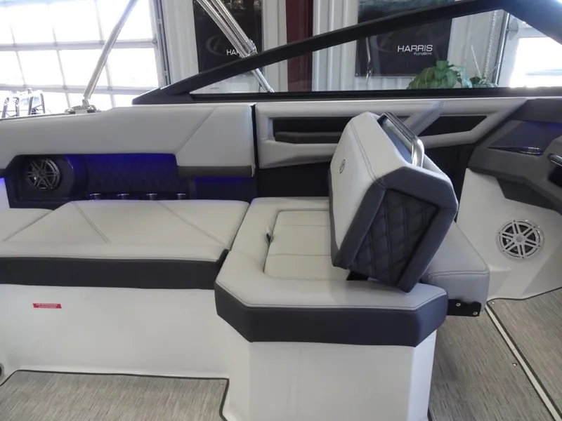 Slide: The Image of 2025 Cobalt R4 boat interior with modern seating and sleek design. - 19