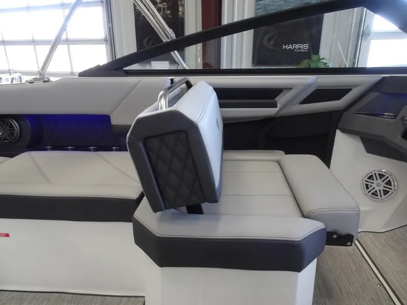 Slide: The Image of 2025 Cobalt R4 boat interior with modern seating and sleek design. - 20