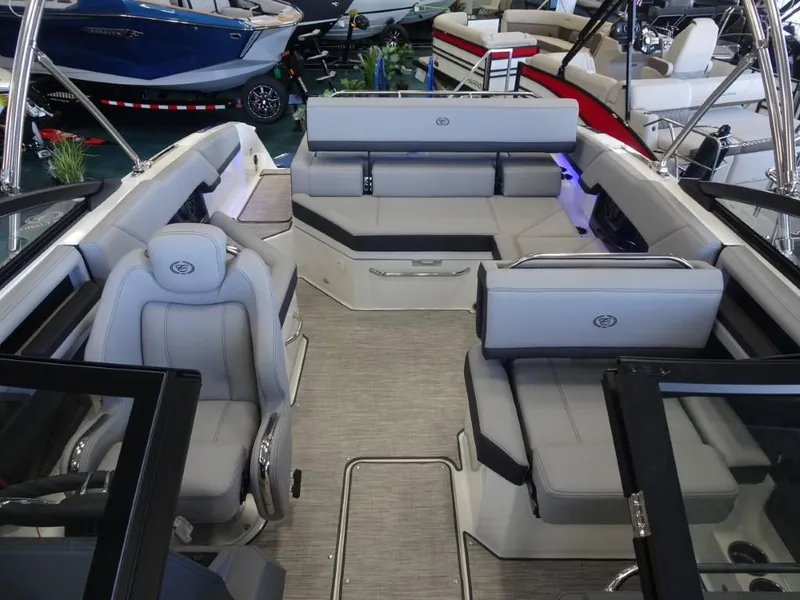 Slide: The Image of 2025 Cobalt R4 boat interior with luxurious seating and modern design. - 23