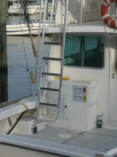Slide: The Image of A 2000 Duffy Flybridge Sportfisherman docked. Visible are a ladder and a lifebuoy. - 47