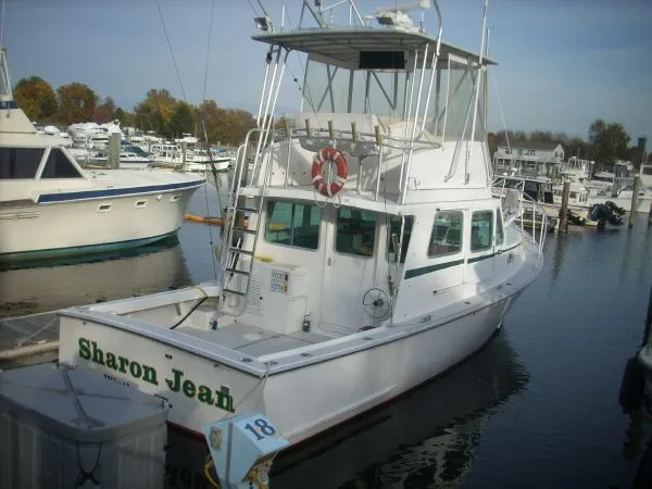 Slide: The Image of A white flybridge sportfisherman boat docked in a marina, featuring a lifebuoy and ladder. - 49