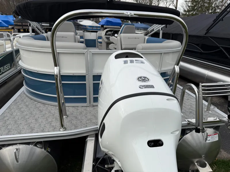 Slide: The Image of 2025 South Bay 224RS LE pontoon boat with outboard motor, rear view. - 7