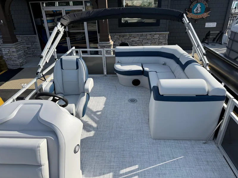 Slide: The Image of 2025 South Bay 20CR SE S pontoon boat with spacious seating and modern design. - 6