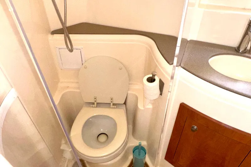 Slide: The Image of 2006 Larson Cabrio 350 bathroom with toilet, sink, and shower area. - 29