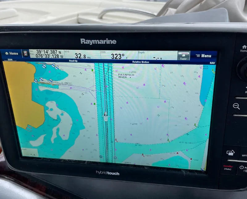 Slide: The Image of Raymarine navigation display on 2003 Cranchi 50 Mediterranne yacht, showing map and coordinates. - 6
