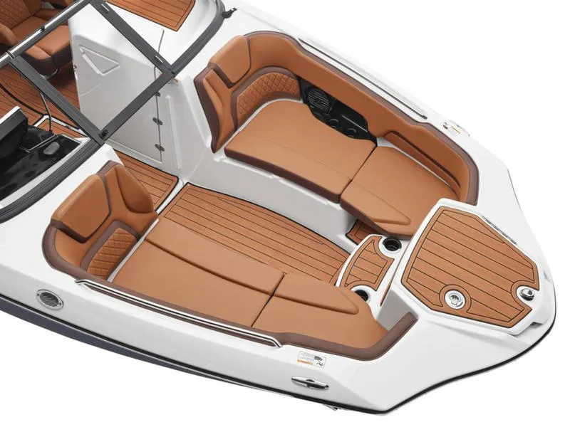 Slide: The Image of 2025 Yamaha Boats 252SD interior with tan seating and sleek design. - 9