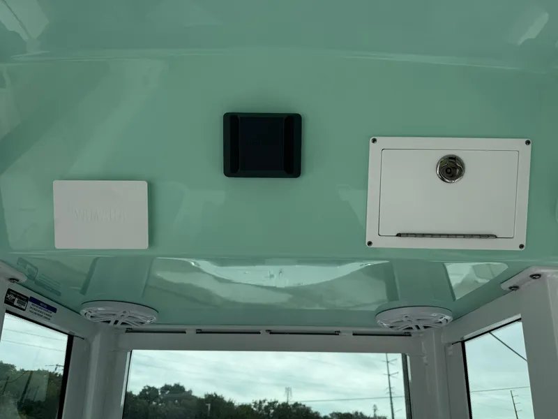 Slide: The Image of Interior ceiling of 2025 Wellcraft 223 Fisherman boat with speakers and storage compartments. - 12