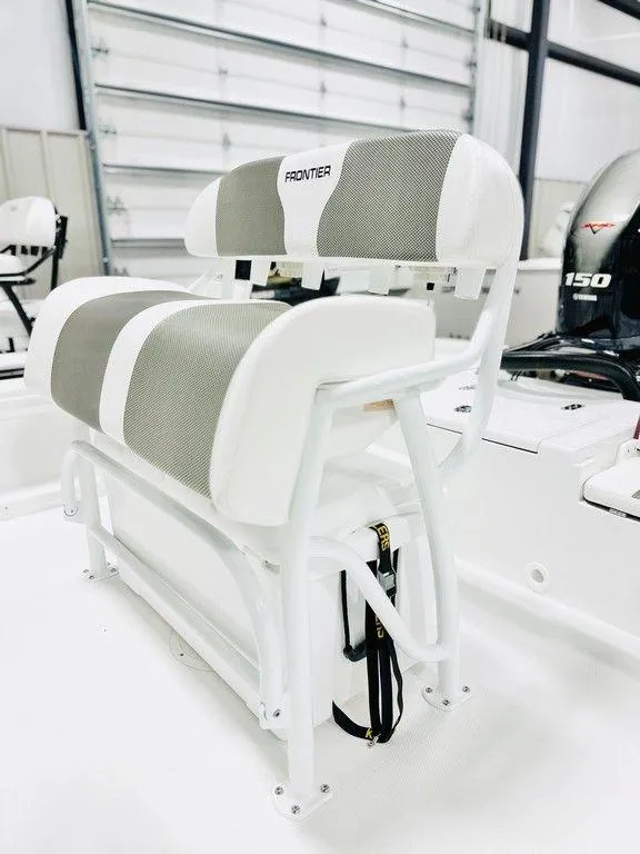 Slide: The Image of 2025 Frontier 2104 boat seat with white and gray upholstery in a modern design. - 2