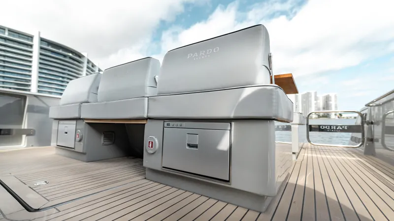 Slide: The Image of 2024 Pardo Yachts 43 deck with sleek seating and modern design. - 22