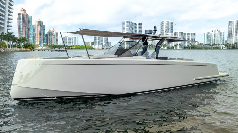 The Image of 2024 Pardo Yachts 43 on water with city skyline in background. - 1