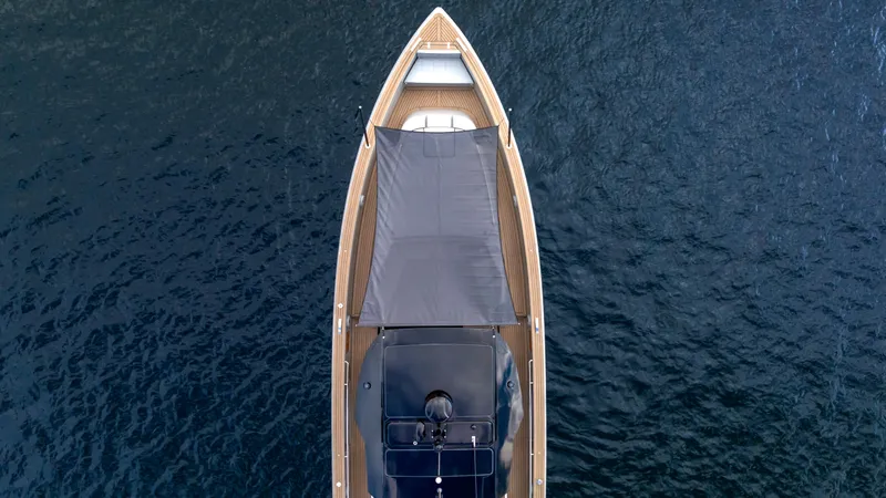 Slide: The Image of 2024 Pardo Yachts 43, aerial view, sleek design on calm water. - 12