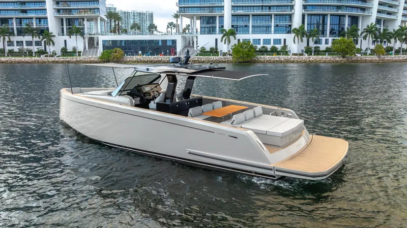 Slide: The Image of 2024 Pardo Yachts 43 luxury yacht on water, modern design, cityscape background. - 3