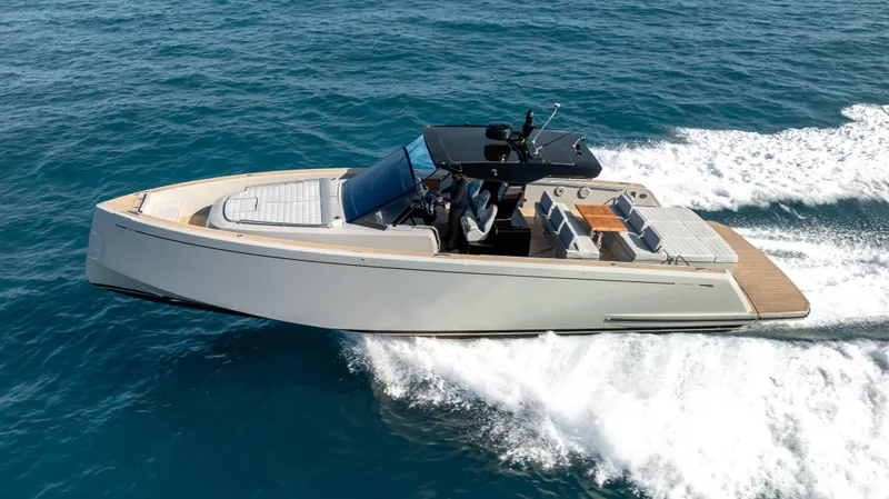Slide: The Image of 2024 Pardo Yachts 43 cruising on open water, showcasing sleek design and luxury features. - 4
