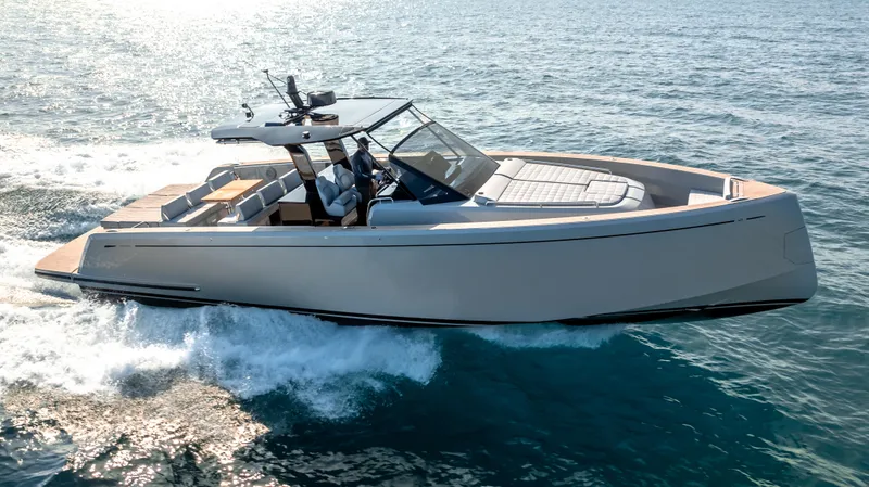 Slide: The Image of 2024 Pardo Yachts 43 cruising on open water, showcasing sleek design and luxury features. - 7