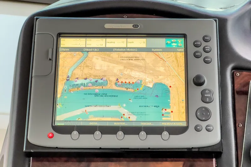 Slide: The Image of Navigation system display on 2006 Cruisers 415 boat, showing a detailed nautical map. - 13