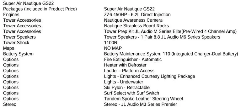 Slide: The Image of 2022 Nautique Super Air Nautique GS22 features and options list, including engine and accessories. - 17