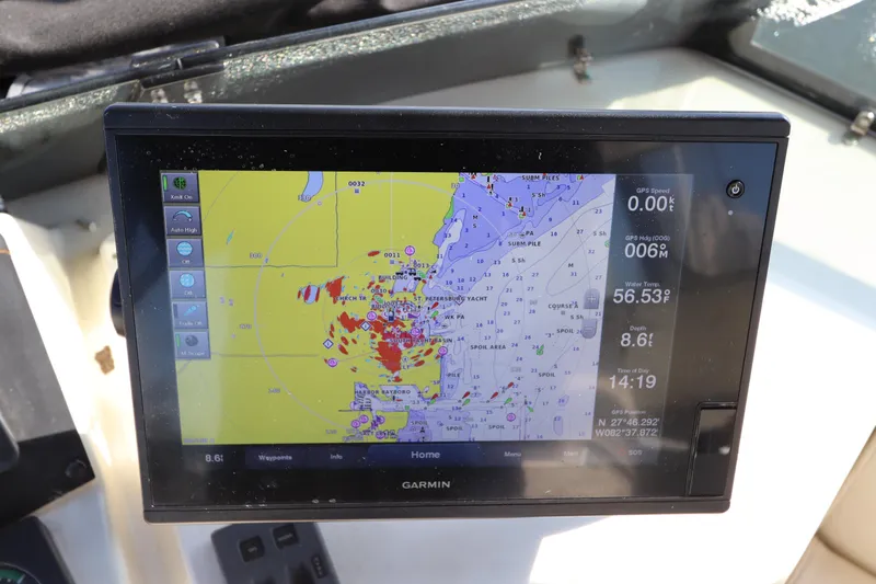 Slide: The Image of Garmin navigation display on 1990 Hatteras 40 Double Cabin boat, showing nautical chart. - 28