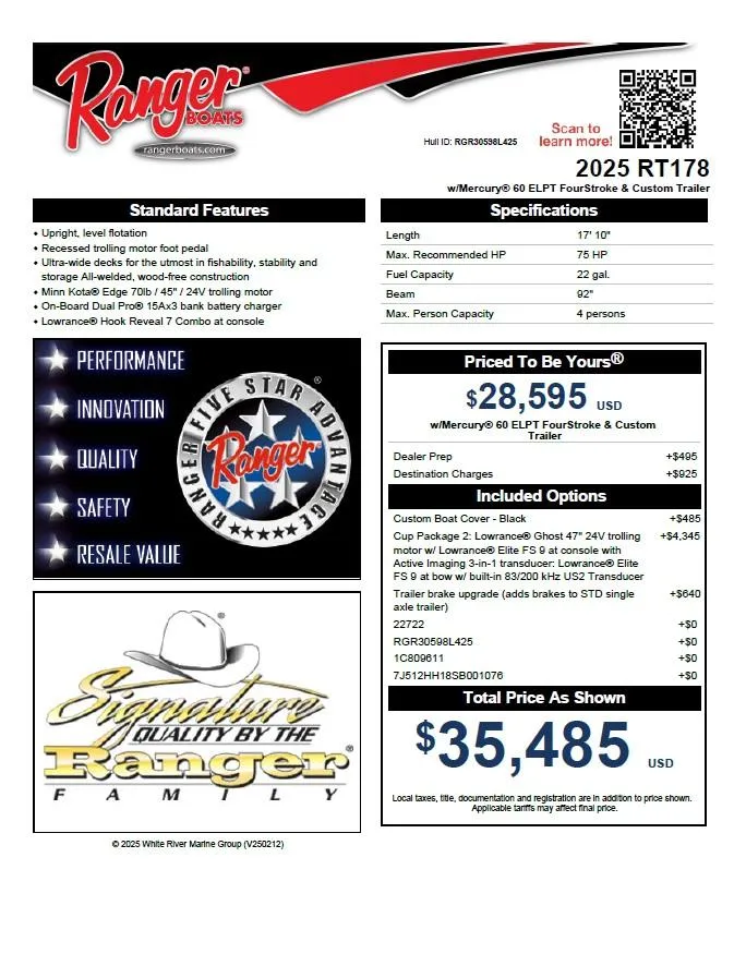Slide: The Image of 2025 Ranger RT178 boat brochure with pricing, features, and specifications. - 34