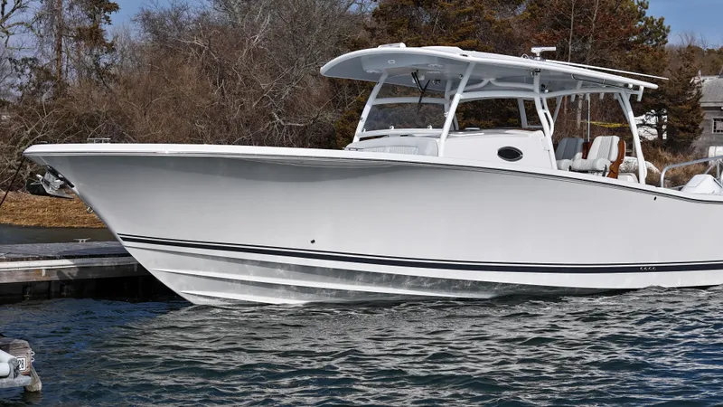 Slide: The Image of Cockpit view of 2025 Southport 38 FE boat with advanced navigation systems. - 45