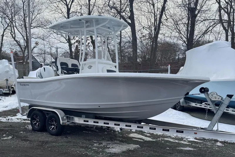 Slide: The Image of 2025 Tidewater 198 CC Adventure boat on trailer, parked in snowy outdoor setting. - 0