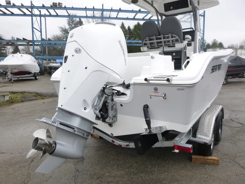 Slide: The Image of 2025 Sea Pro 242 Center Console boat on trailer, rear view with outboard motor. - 7