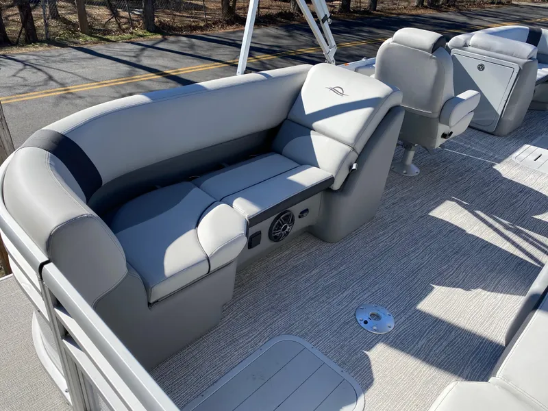 Slide: The Image of Luxurious seating on 2025 SunCatcher Select 322RC pontoon boat, featuring modern design and comfort. - 11