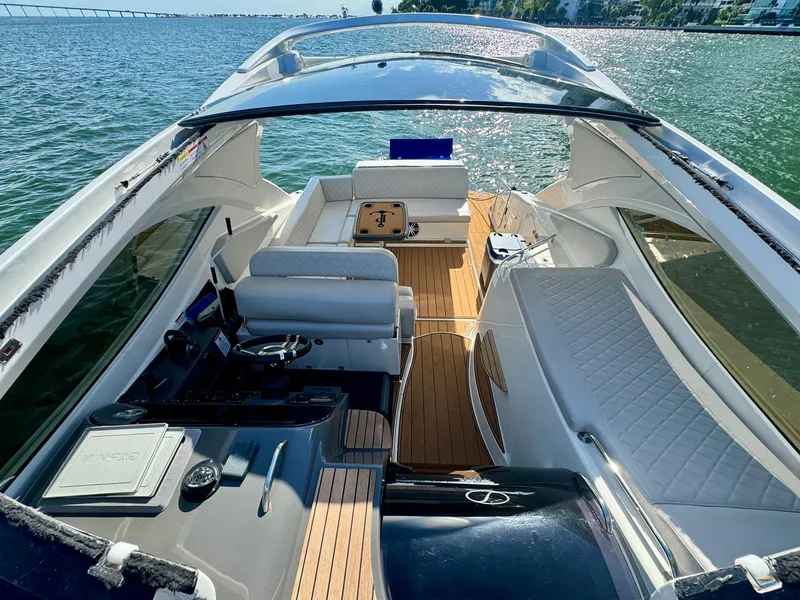 Slide: The Image of Luxurious 2023 Schaefer 375 yacht interior with sleek design and spacious seating on the water. - 20