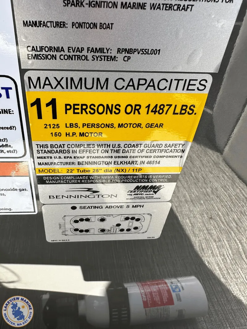 Slide: The Image of 2024 Bennington 23 LSR capacity label, 11 persons or 1487 lbs, 150 HP motor. - 3