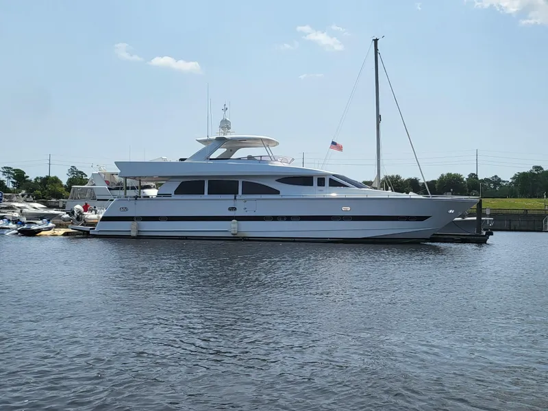 Slide: The Image of Horizon 74 Motor Yacht 2000 on calm water, side view, sunny day. - 0